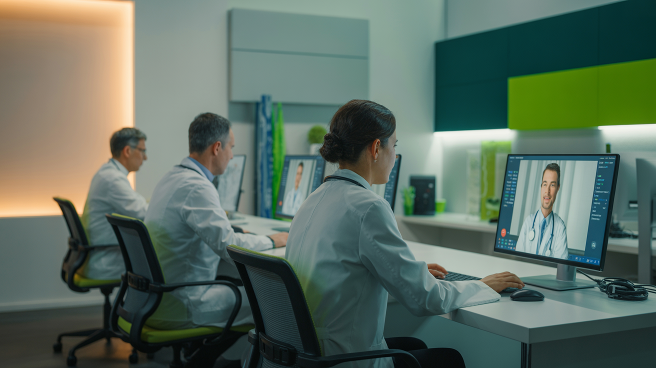 Médicos realizando teleconsulta por videoconferência em central de atendimento da Pronto Rede Telemedicina 24 horas