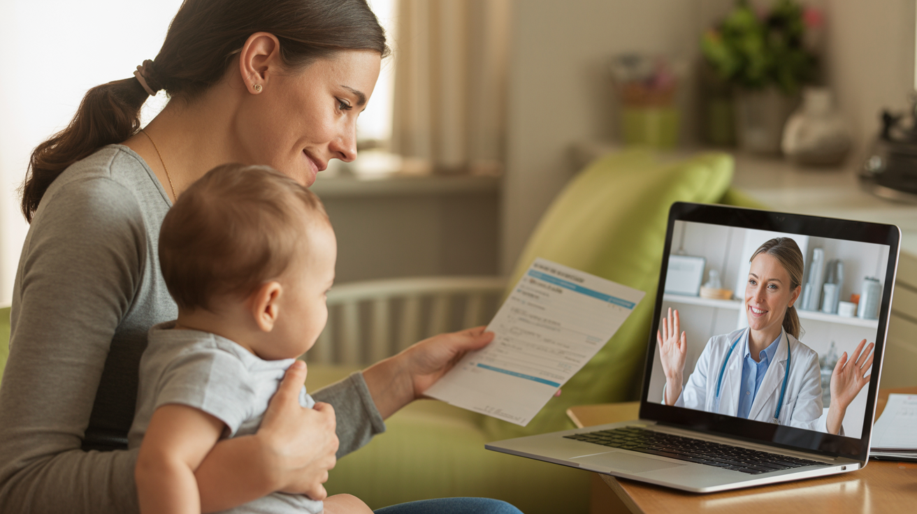 Mãe com bebê em consulta médica online por telemedicina com pediatra no computador